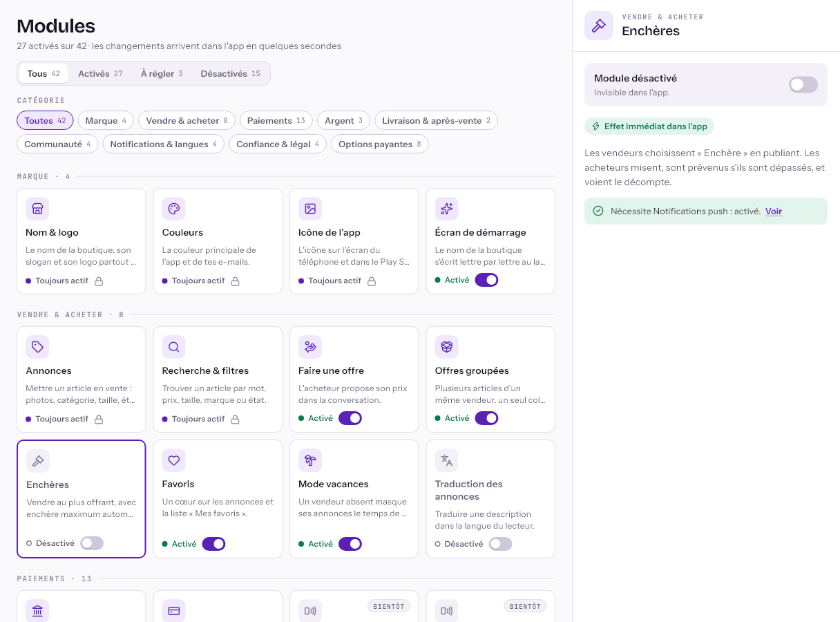 La page Modules de SibyBuilder : les filtres, les catégories, les cartes des modules et, à droite, le panneau du module Enchères